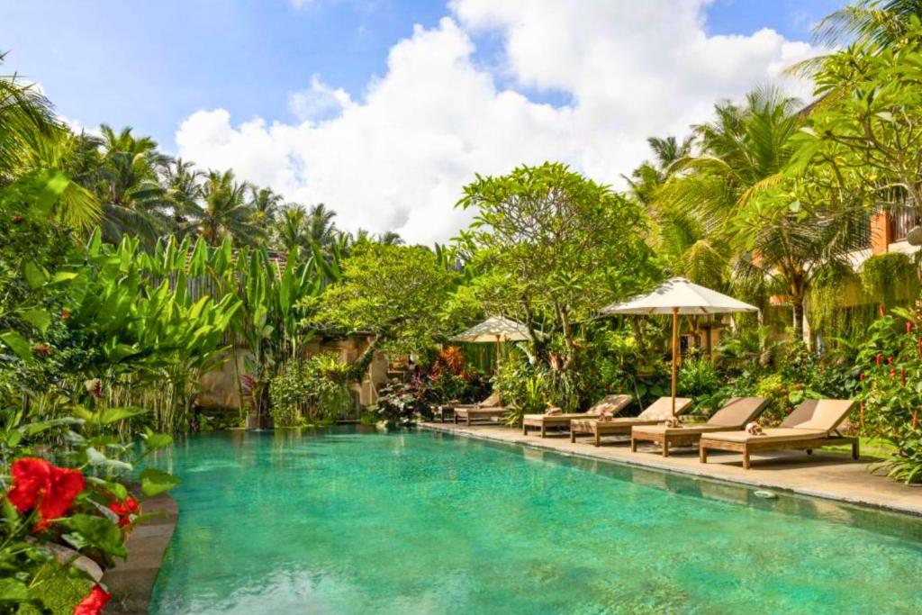 a pool with chairs and umbrellas in a resort at Arkadewi 1 BR Dleuxe Pool View ZN172 in Ubud