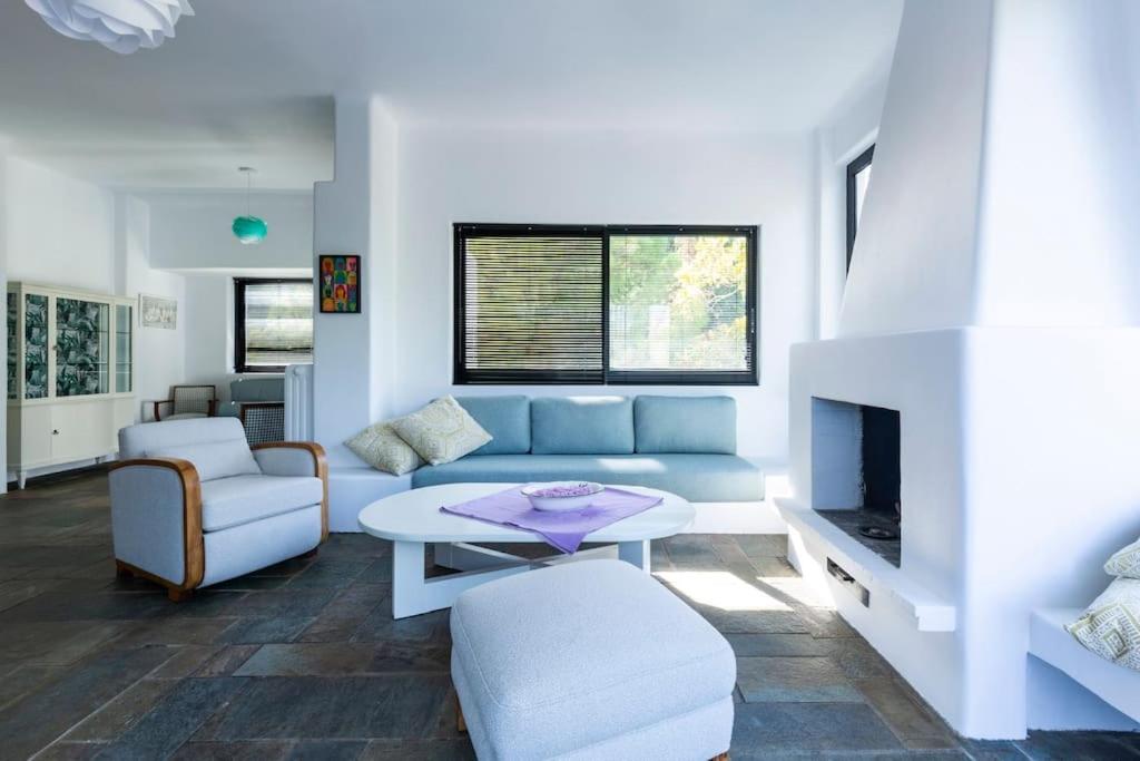 a living room with a couch and a tv at Danae's Art in Athens
