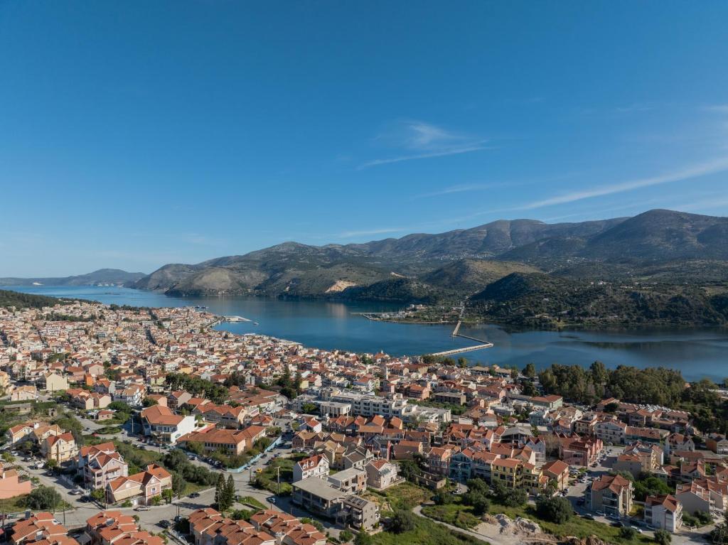 an aerial view of a town on a lake at Elisso Apartment in Argostoli