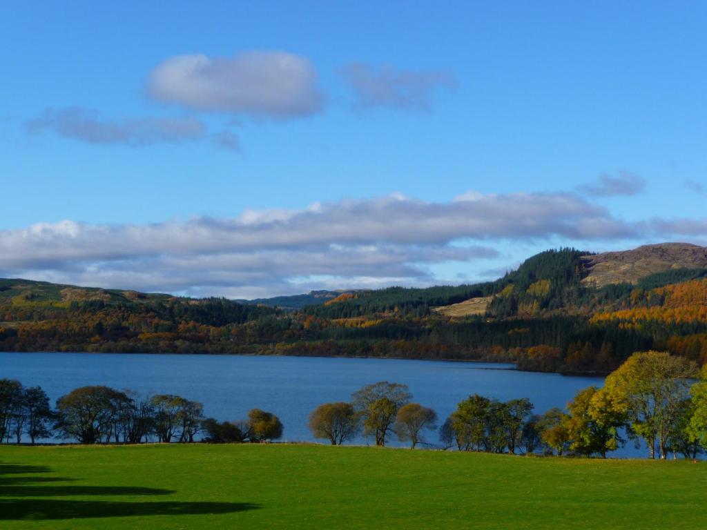 a view of a lake with trees in a field at Blarghour Farm Cottages in Ardchonnell