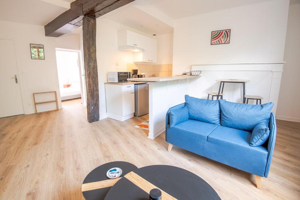 un salon avec un canapé bleu et une cuisine dans l'établissement L'Eclipse Amboisienne - Appart. 2 pers., à Amboise