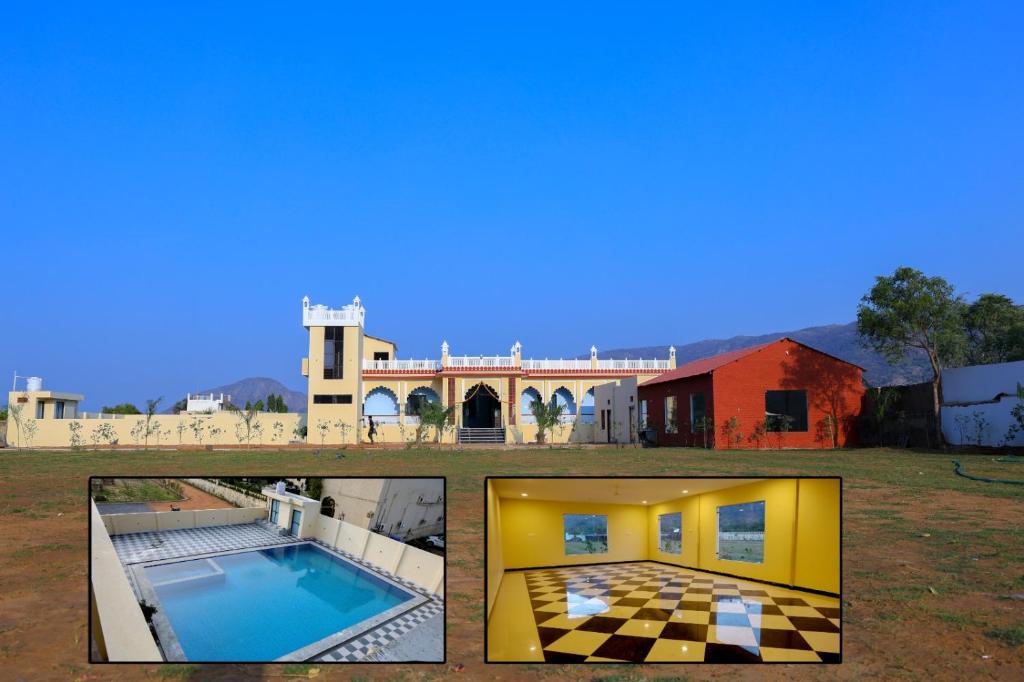 duas fotos de uma casa e uma piscina em Savitri Valley Resort A Luxury Resort em Pushkar