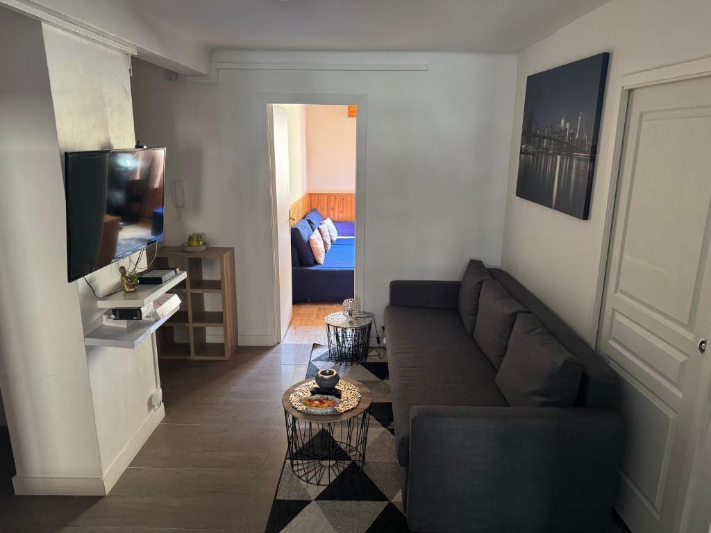 un salon avec un canapé et une télévision dans l'établissement 4 pièces à Nice - 20 min de la plage, à Nice