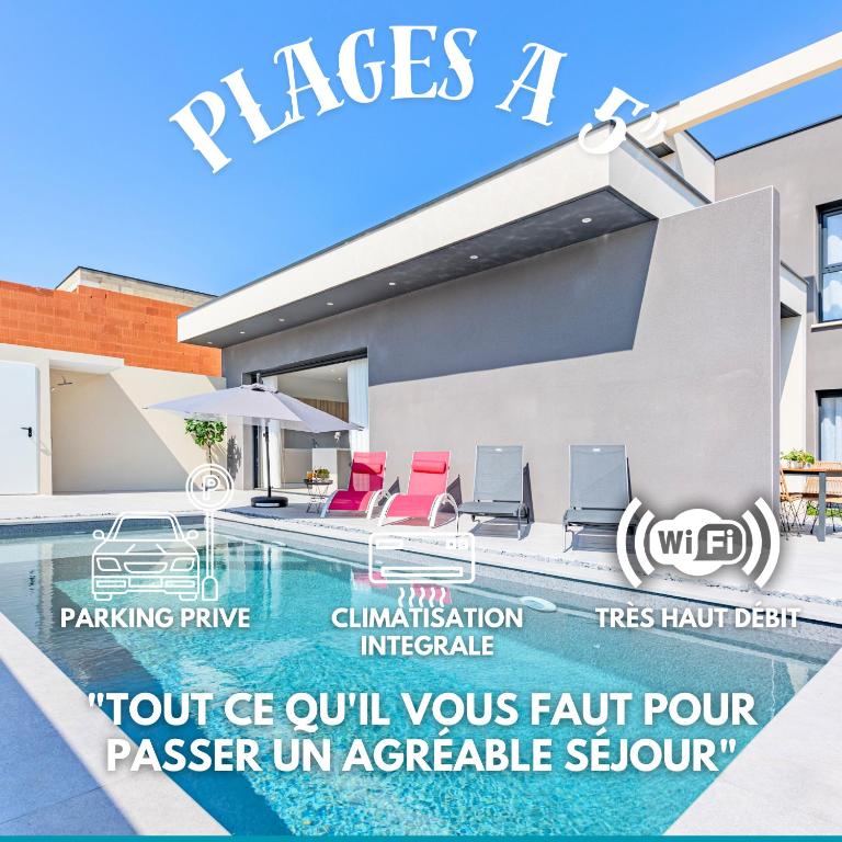 un flyer pour une villa avec piscine dans l'établissement Villa Mika à 5min de la plage, à Sérignan
