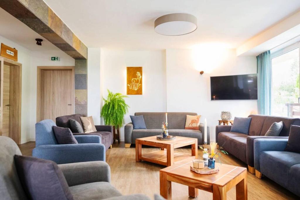 a living room with couches and a tv at Gruppenhaus Haus BerchStein in Winterberg