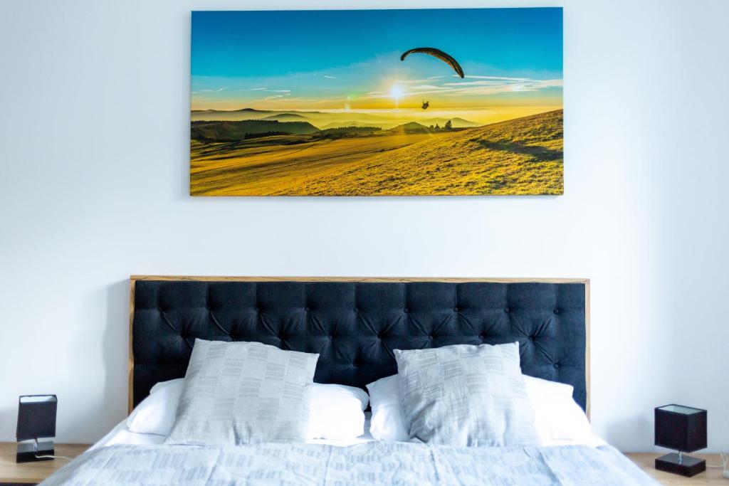 Postel nebo postele na pokoji v ubytování BEST STAY Haus Martina im Herzen der Rhön - 3 einzelbuchbare moderne Wohnungen für 2-8 Personen, Terrasse, Balkon, Garten, Ski und E-Bike Keller, Lounge, freies Wlan, familienfreundlich