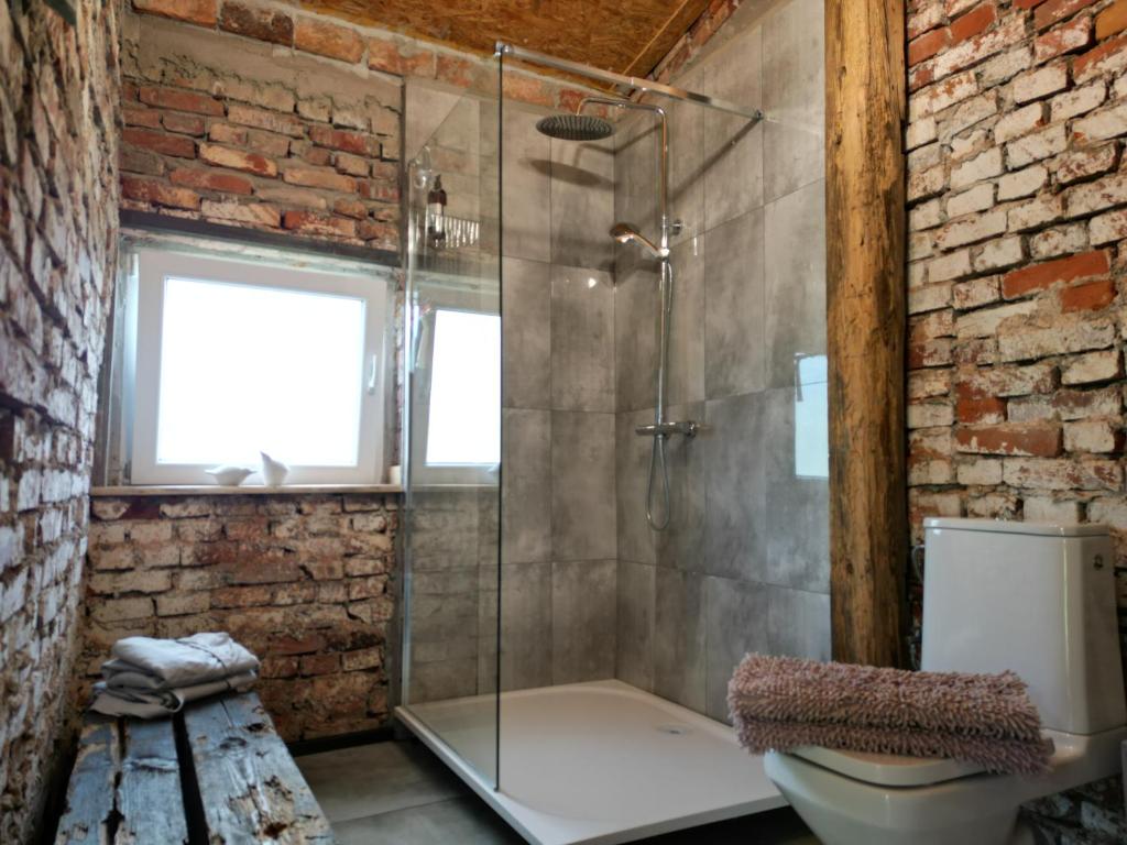 łazienka z przeszklonym prysznicem i toaletą w obiekcie Domki nad rzeką Ełk w mieście Prostki