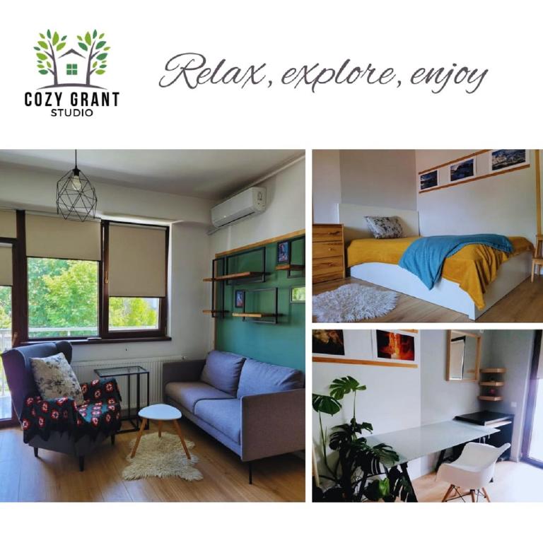 a collage of three pictures of a room at Studio Cozy Grant in Bucharest
