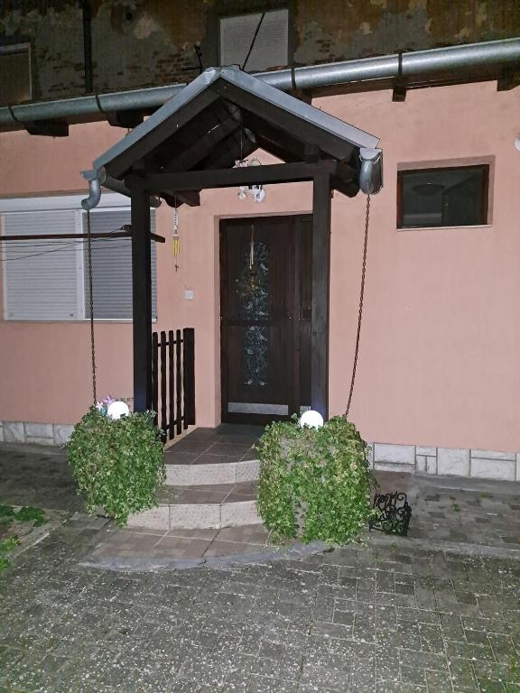 a house with a black door and two bushes at LuMiDo in Osijek