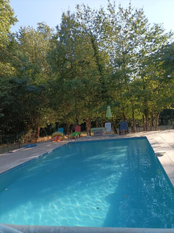 une grande piscine bleue avec des arbres en arrière-plan dans l'établissement Un Coin Paradis ds Campagne 12 hect PISCINE privée, à Méounes-lès-Montrieux