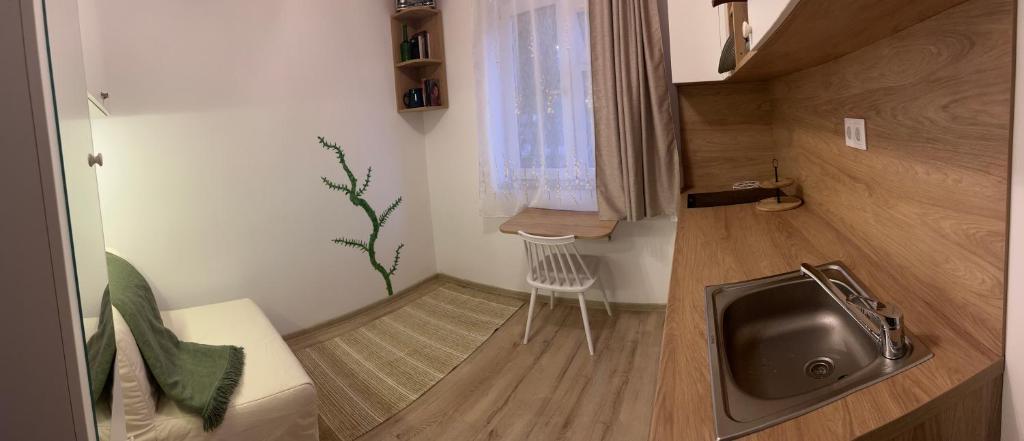 a small living room with a tv and a chair at Mimosa Studio in Cluj-Napoca