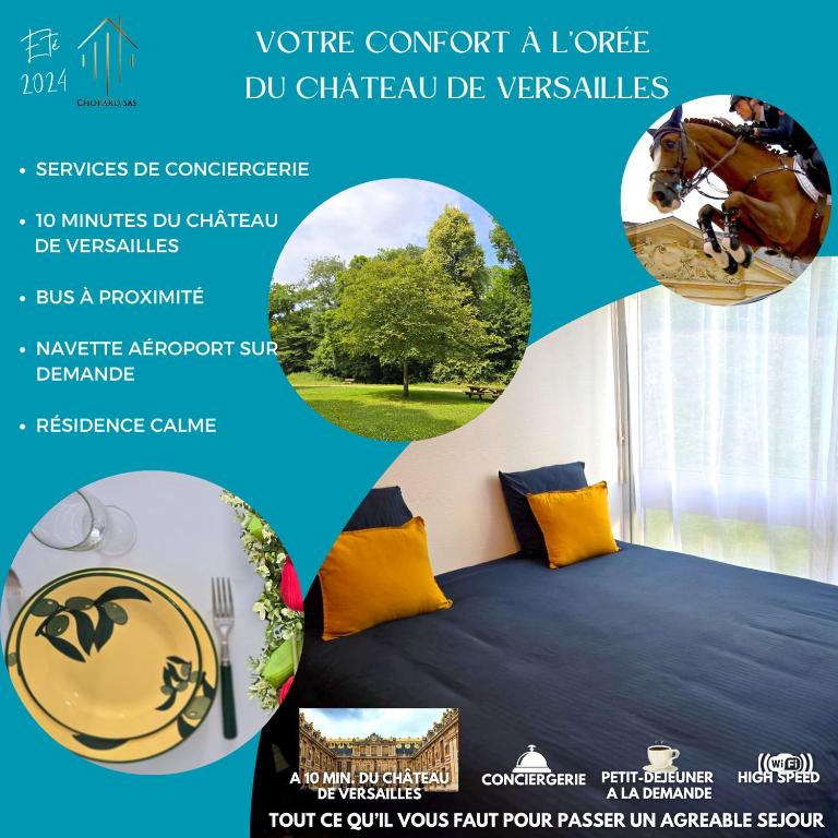 un flyer pour une chambre avec un cheval sautant sur un lit dans l'établissement Séjour à 10 minutes du Château de Versailles et 20 minutes de Roland-Garros- Votre suite avec lit King Size, à Le Chesnay
