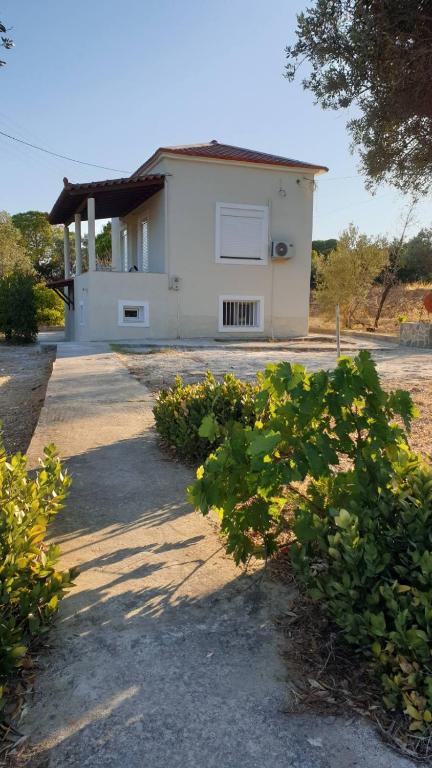 a small white house with a tree and some bushes at Vasso Galati House in Vaia