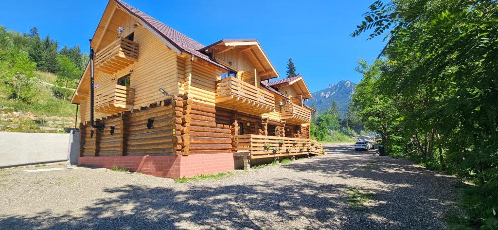 a log cabin with a car parked in front of it at Cabana dintre Salcami in Durau