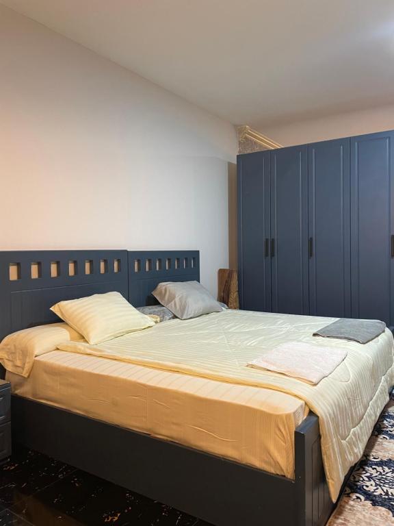 Una cama grande en un dormitorio con armarios azules. en Luxury Studio in New Cairo, en El Cairo