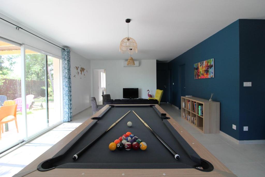 un salon avec une table de billard dans l'établissement Villa Pinède, à Néffiès