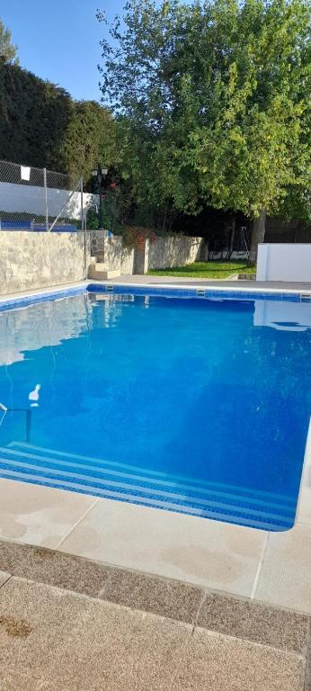 a large blue swimming pool in a yard at Casas el Albarracín in El Bosque