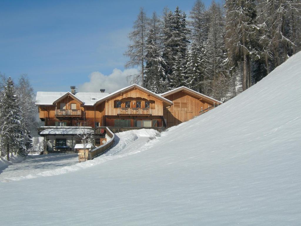 duży drewniany dom w śniegu z drzewami w obiekcie Binterhof w mieście Sesto