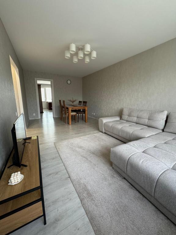 a living room with a bed and a table at Dārzu ielas apartamenti in Rēzekne