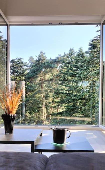 a coffee table in front of a large window at Modernes Apartment Melia in Hamm
