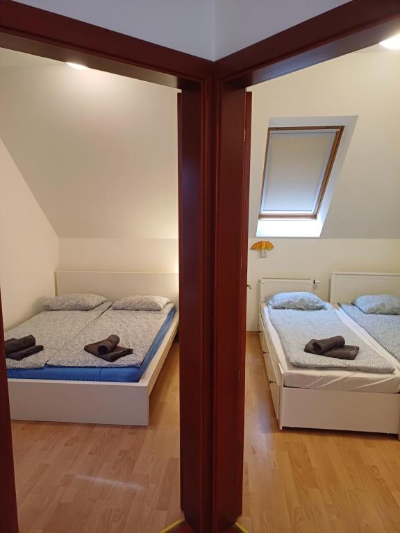 two twin beds in a room with a window at Sári Apartman in Siófok