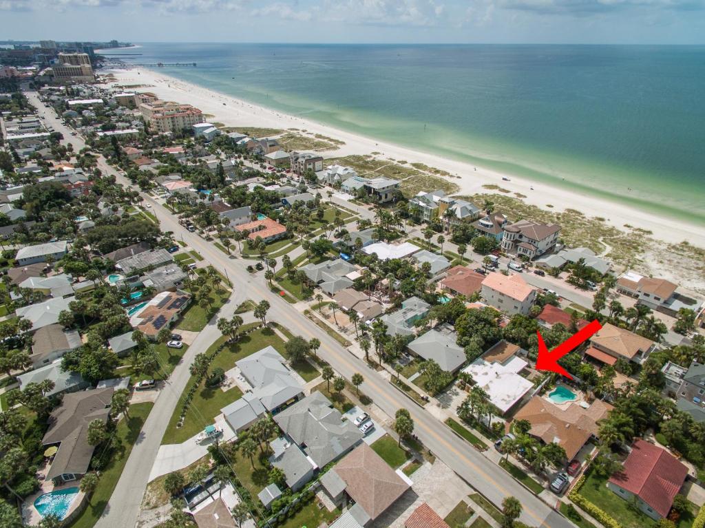 an aerial view of a beach with a red x at Coconut Breeze III - Monthly Beach Rental in Clearwater Beach