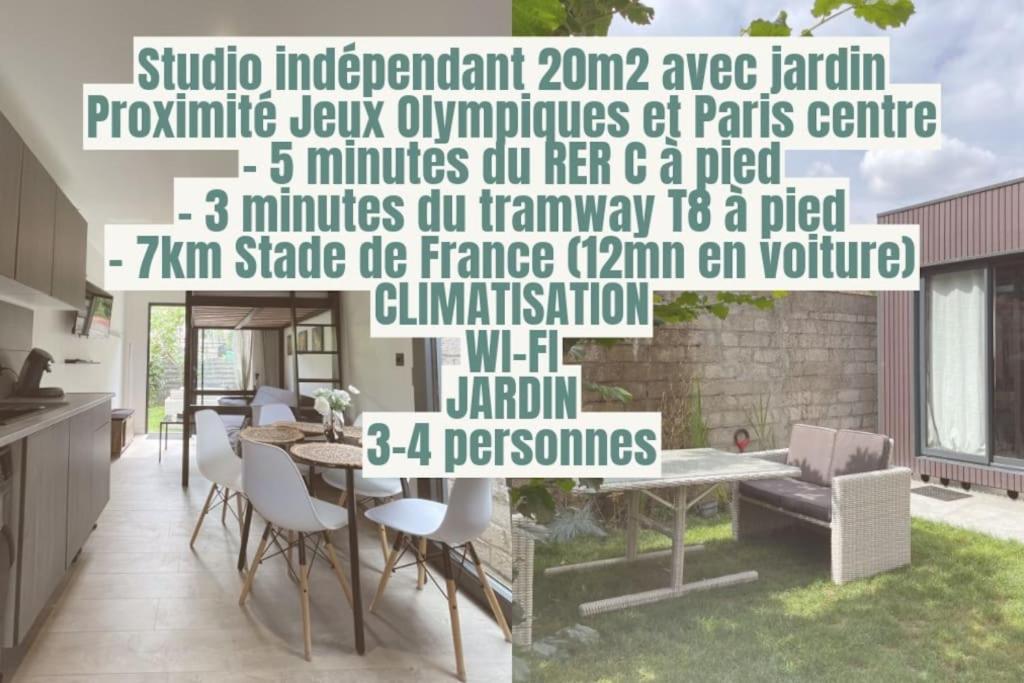 une salle à manger avec une table et des chaises dans une maison dans l'établissement Studio indépendant, Neuf, jardin calme et paisible, à Épinay-sur-Seine