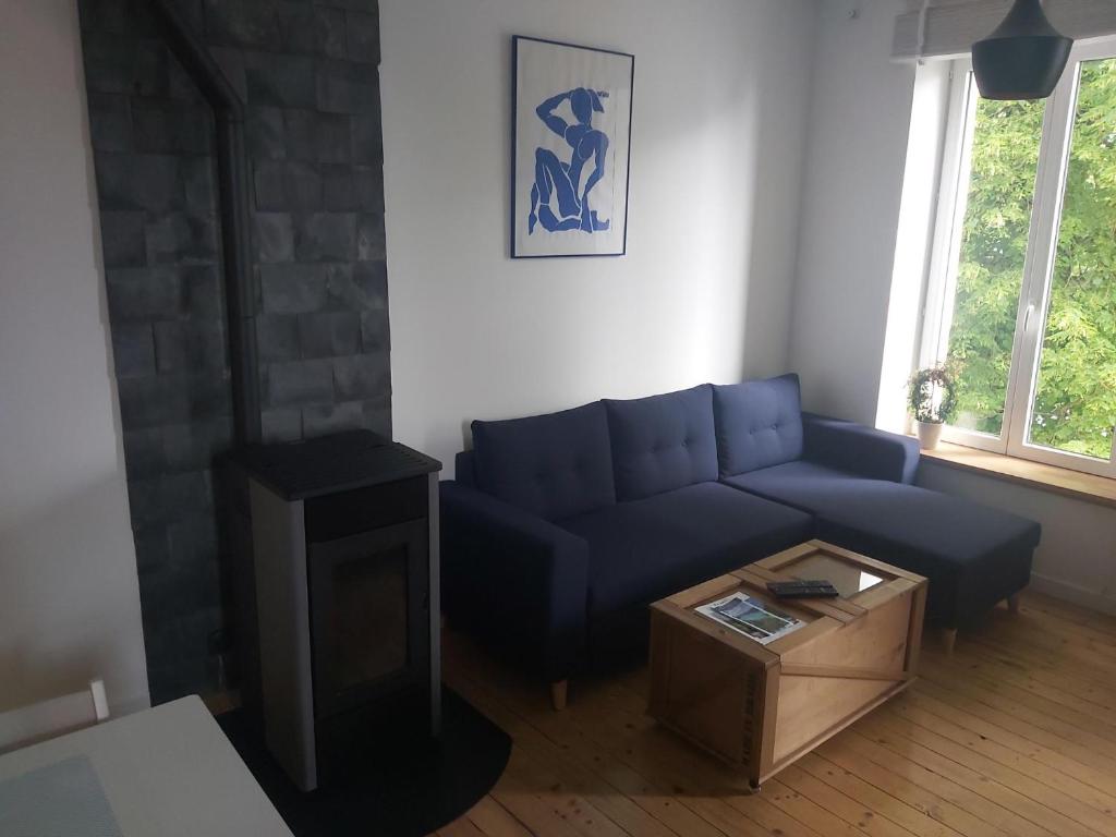 un salon avec un canapé bleu et une table dans l'établissement gîte des liserons, à Pont-de-Poitte