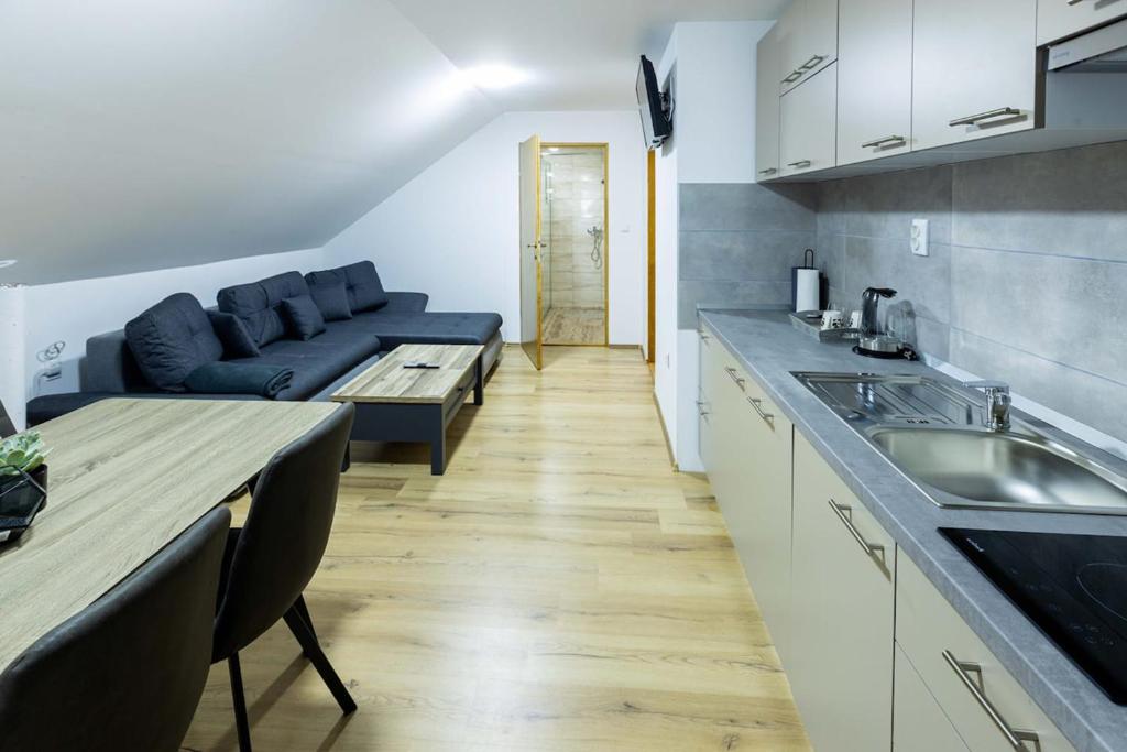 eine Küche und ein Wohnzimmer mit einer Couch und einem Tisch in der Unterkunft One-bedroom apartment with terrace in Darda