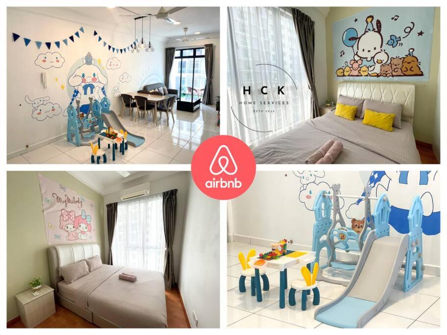 a collage of three pictures of a room with a bedroom at 1610 The Platino 5min to Paradigm Sutera JB in Johor Bahru