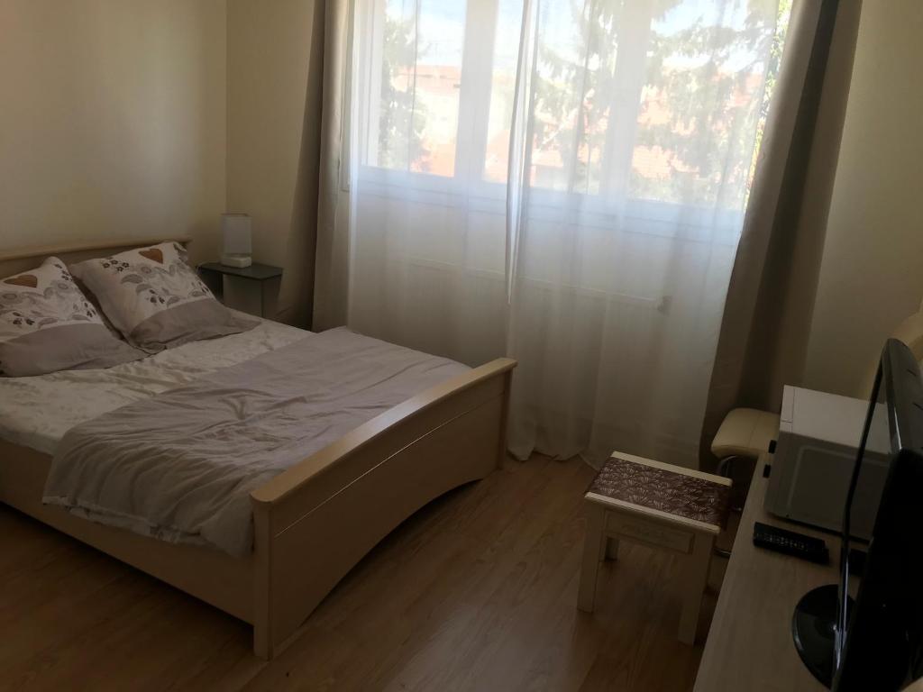 une petite chambre avec un lit et une fenêtre dans l'établissement Momo, à Nancy