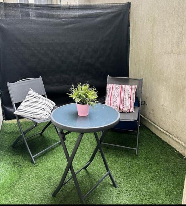 une table et deux chaises avec une plante en pot dans l'établissement Studio proche Paris métro et RER, à Alfortville