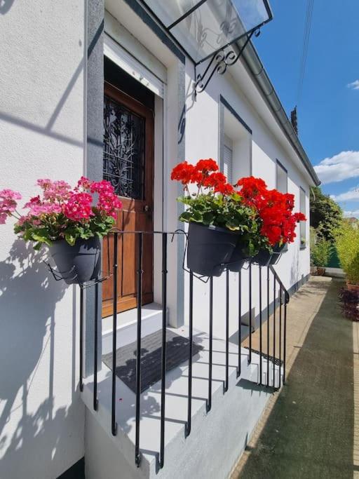 2 pots de fleurs sur un balcon d'un bâtiment dans l'établissement Charmante maison proche de Paris, à LʼHay-les-Roses