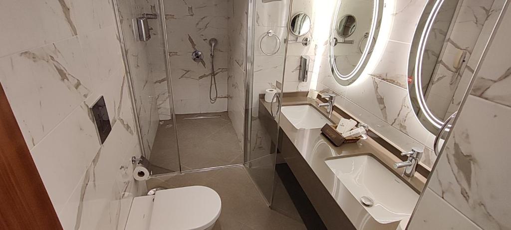 a bathroom with a toilet and a sink and a mirror at Cihangir Hotel Bosphorus in Istanbul