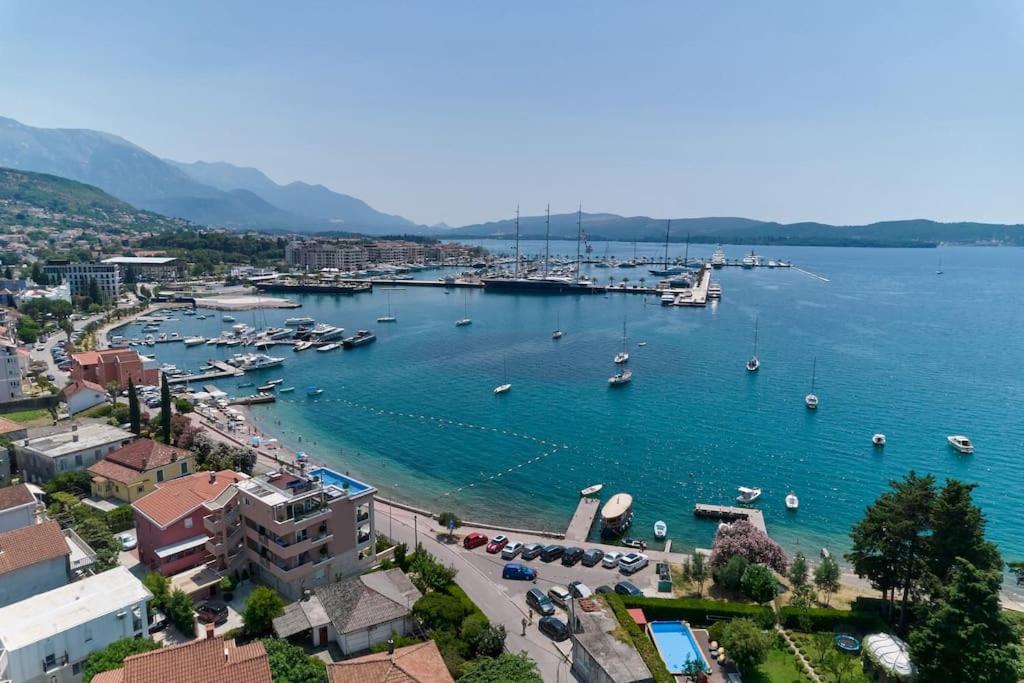 an aerial view of a harbor with boats in the water at Coast line apartment Mika in Tivat
