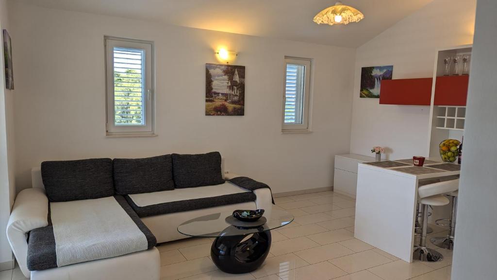 a living room with a couch and a kitchen at Apartman Riba in Biograd na Moru