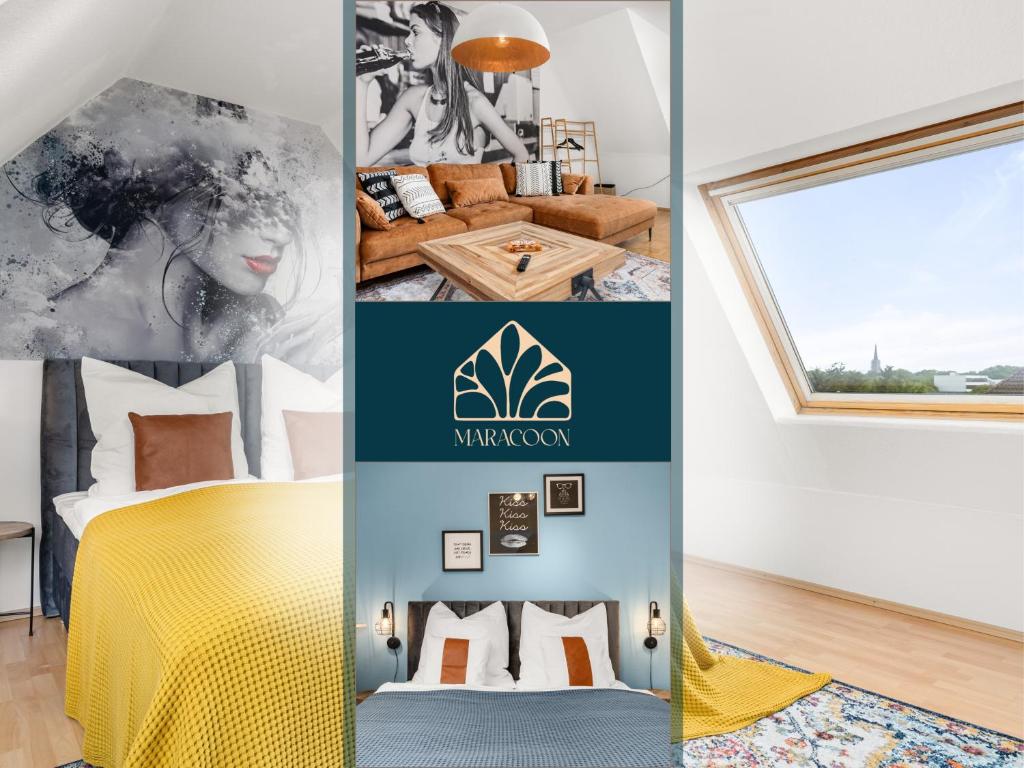 Maracoon - Suite Apartments Essen Messe I Great location في إيسن: ملصق بأربع صور لغرفة النوم
