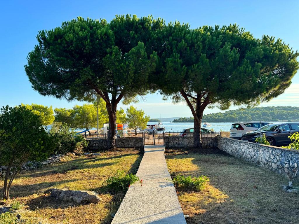 a sidewalk with two trees next to a parking lot at Beachfront Holiday Home Prora Mare with Sea View in Ždrelac