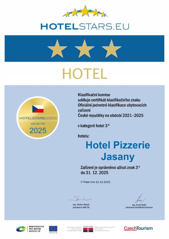 Certyfikat, podpis lub inny dokument wystawiony w obiekcie Hotel & Restaurace Pizzerie Jasany