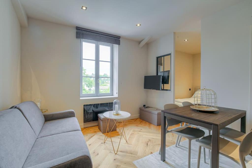 un salon avec un canapé et une table dans l'établissement Joli T1 pour 4, Champagne, Monts d'Or, Lyon, à Champagne-au-Mont-dʼOr