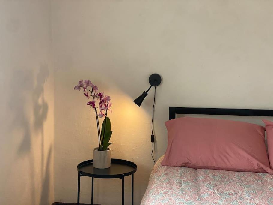 Un dormitorio con una cama rosa y una mesa con una planta. en Cambridgeshire Wabi-sabi, en Barrington