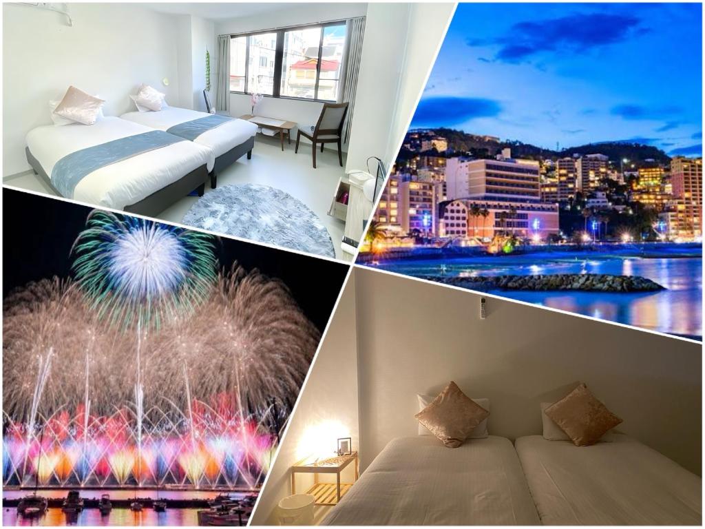 un collage di foto di una camera d'albergo con letto e fuochi d'artificio di THE MOON Atami ad Atami