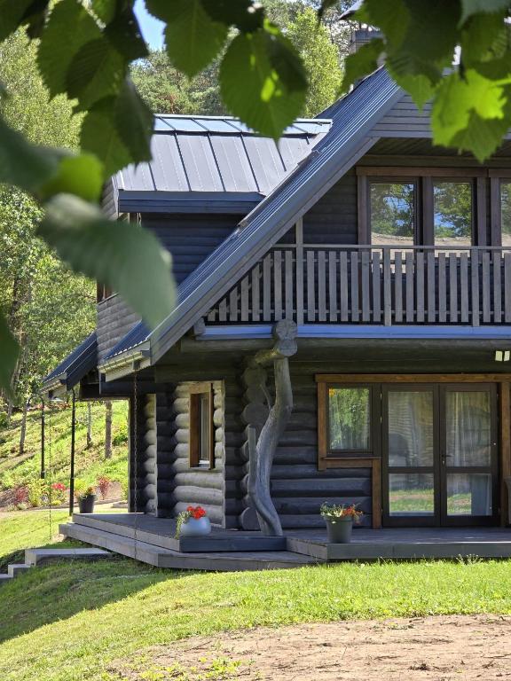 a log cabin with a front porch and windows at PUTNI Resort in Laukbeitini
