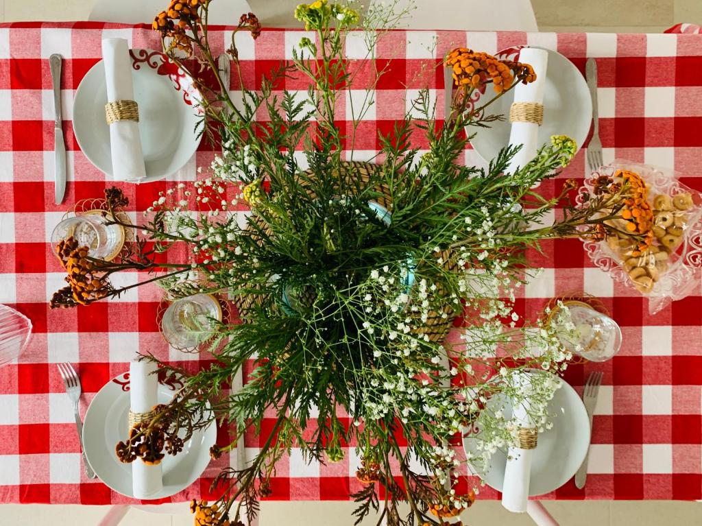 a table with a red and white checkered table cloth with christmas decorations at Dimora Paesana in Alberobello
