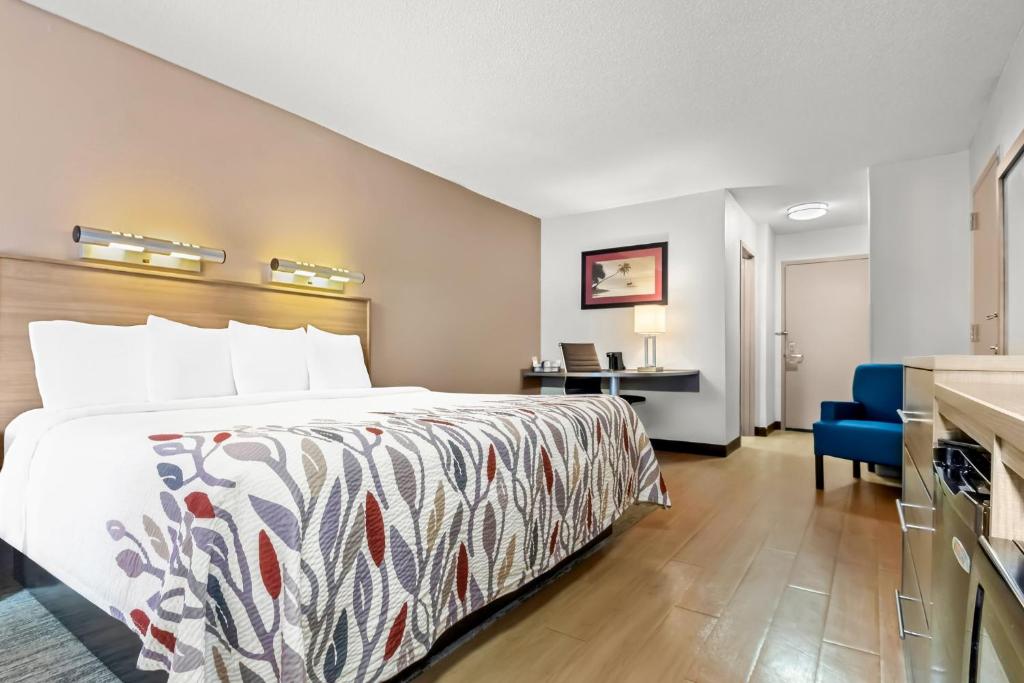 a hotel room with a bed and a desk at Red Roof Inn Myrtle Beach Hotel - Market Commons in Myrtle Beach