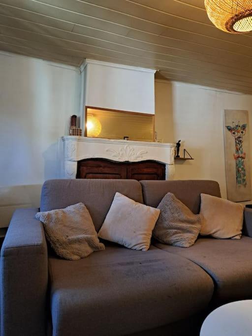 un canapé avec des coussins dessus dans un salon dans l'établissement Appartement loverchy, à Annecy