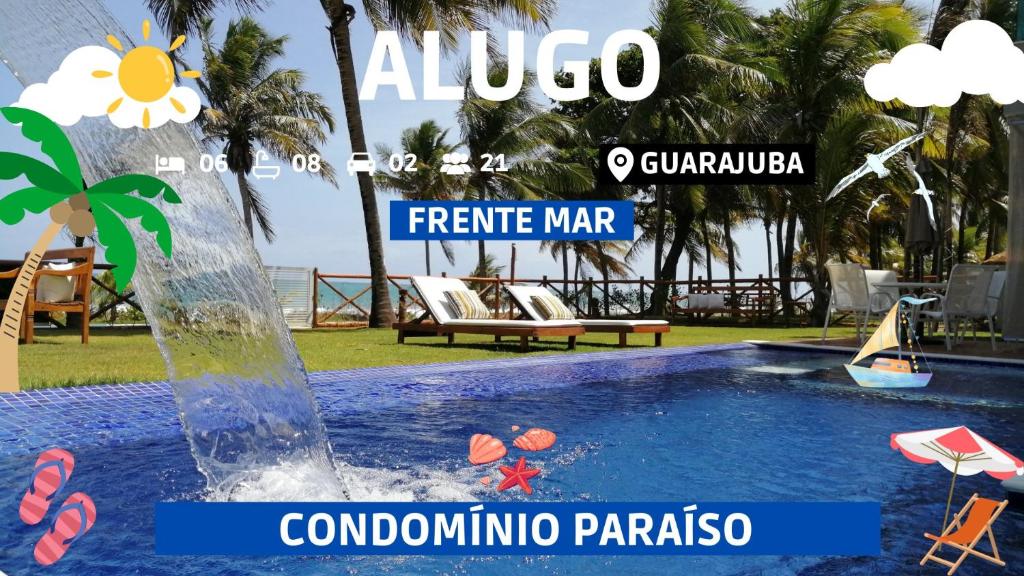 カマサリにあるCasa Frente Mar 5 Suítes Guarajuba em Condomínioのプール中の噴水
