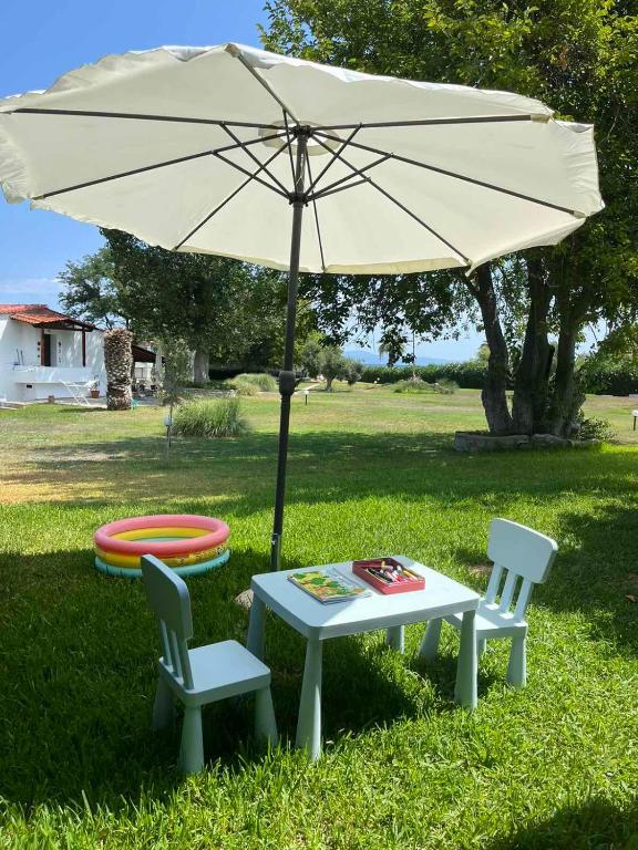 a table and two chairs and an umbrella in the grass at Andromeda Shell House in Pefkochori