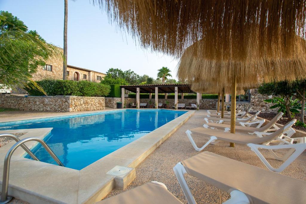 basen z leżakami i parasolem w obiekcie Agroturismo Ses Illes w mieście Costitx