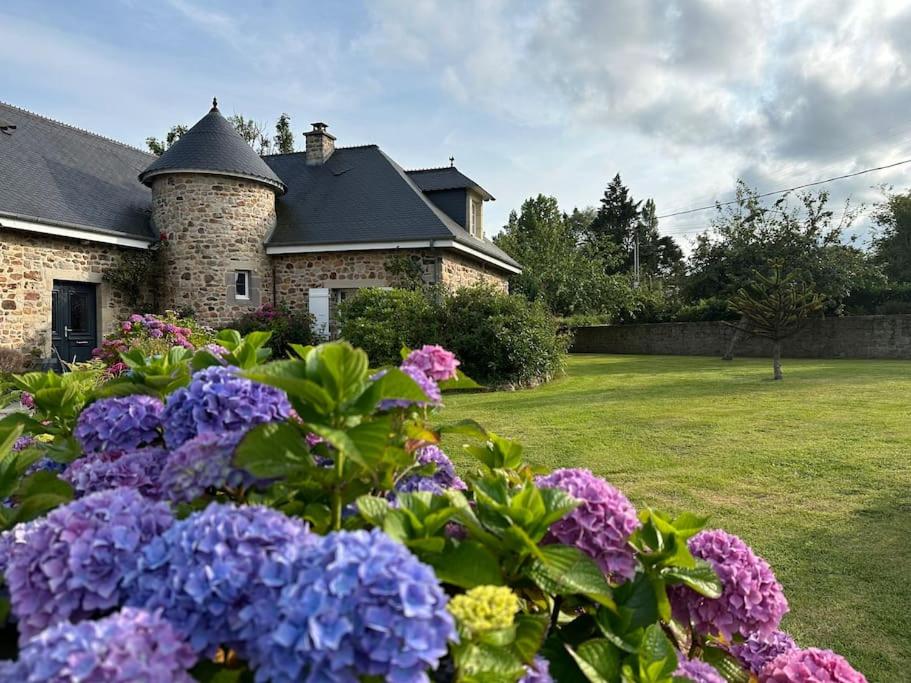 un jardin avec des fleurs violettes devant une maison dans l'établissement La Tourelle, à Saint-Martin-le-Gréard